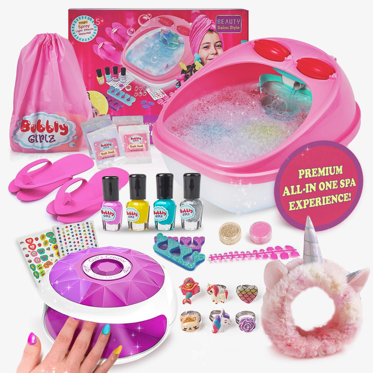 Bubbly Girlz Kids Spa Day Kit - 42+ Piece Waterfall Foot Spa For Girls Ages 5-12, Fun Party