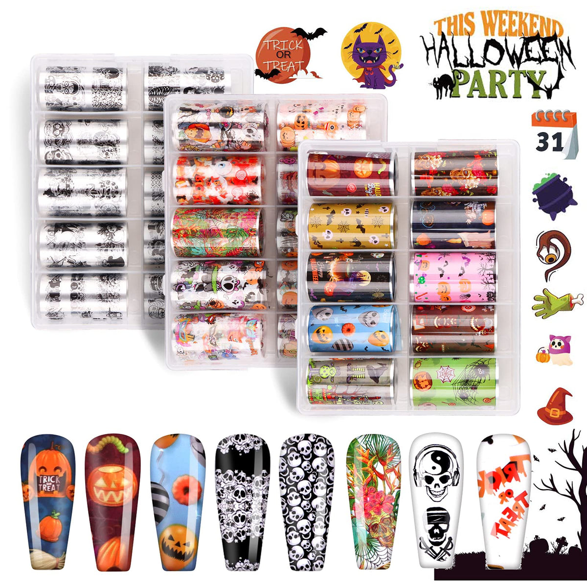 Kalolary 30 Rolls Halloween Nail Foil Transfer Stickers - Pumpkin, Spider, Vampire Designs