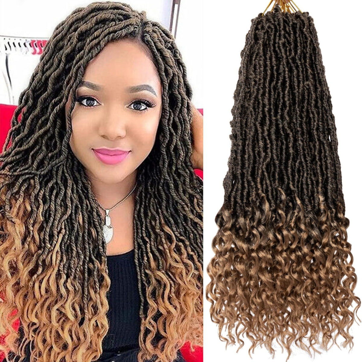 XTREND 18&quot; Faux Locs Crochet Braids, 7 Packs, Curly Ends, Synthetic Hair, T27 Color