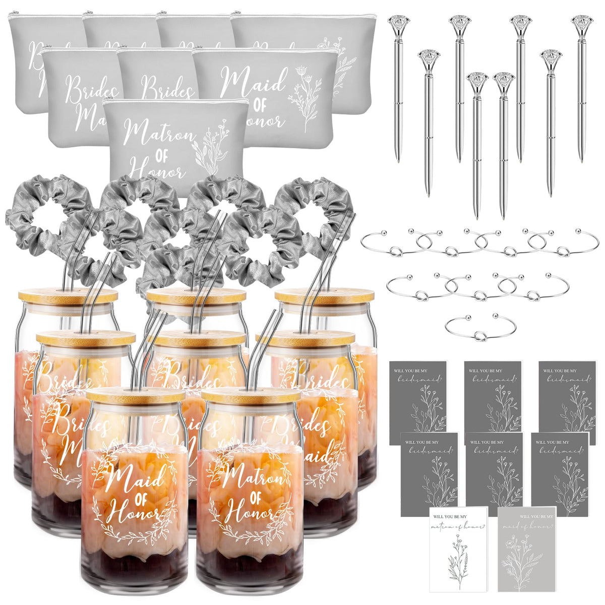 Irenare 48 Pcs Bridesmaid Gifts - 16Oz Glass Cups, Makeup Bags, Cards, Scrunchies, Bracelets