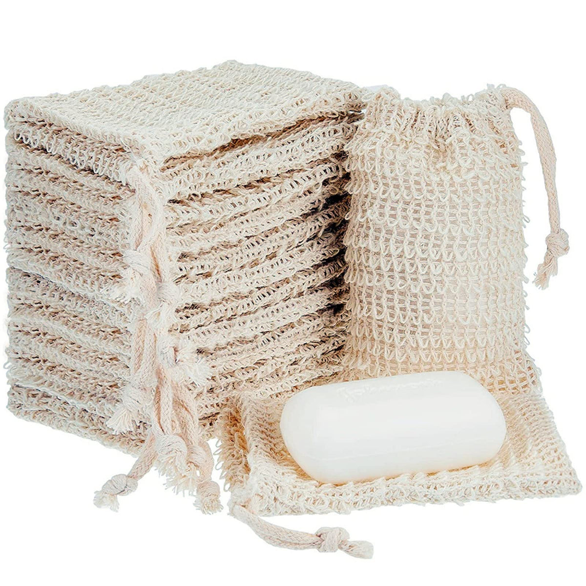 Kipetto 15Pcs Natural Sisal Soap Saver Bags, Exfoliating Drawstring Pouches For Shower & Bath