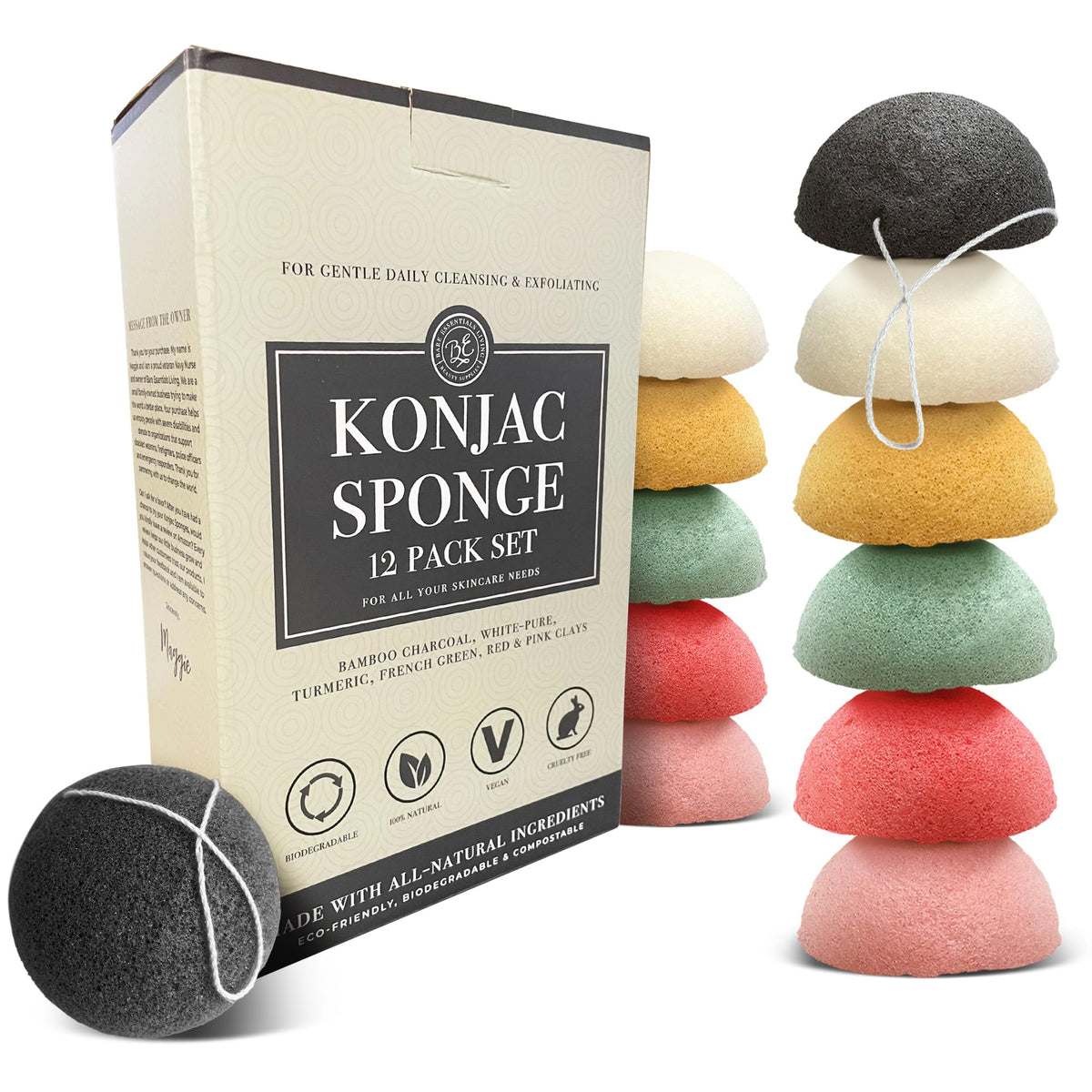 Bare Essentials Living Konjac Sponges Set (12 Pack) With Activated Charcoal For Facial & Body Care