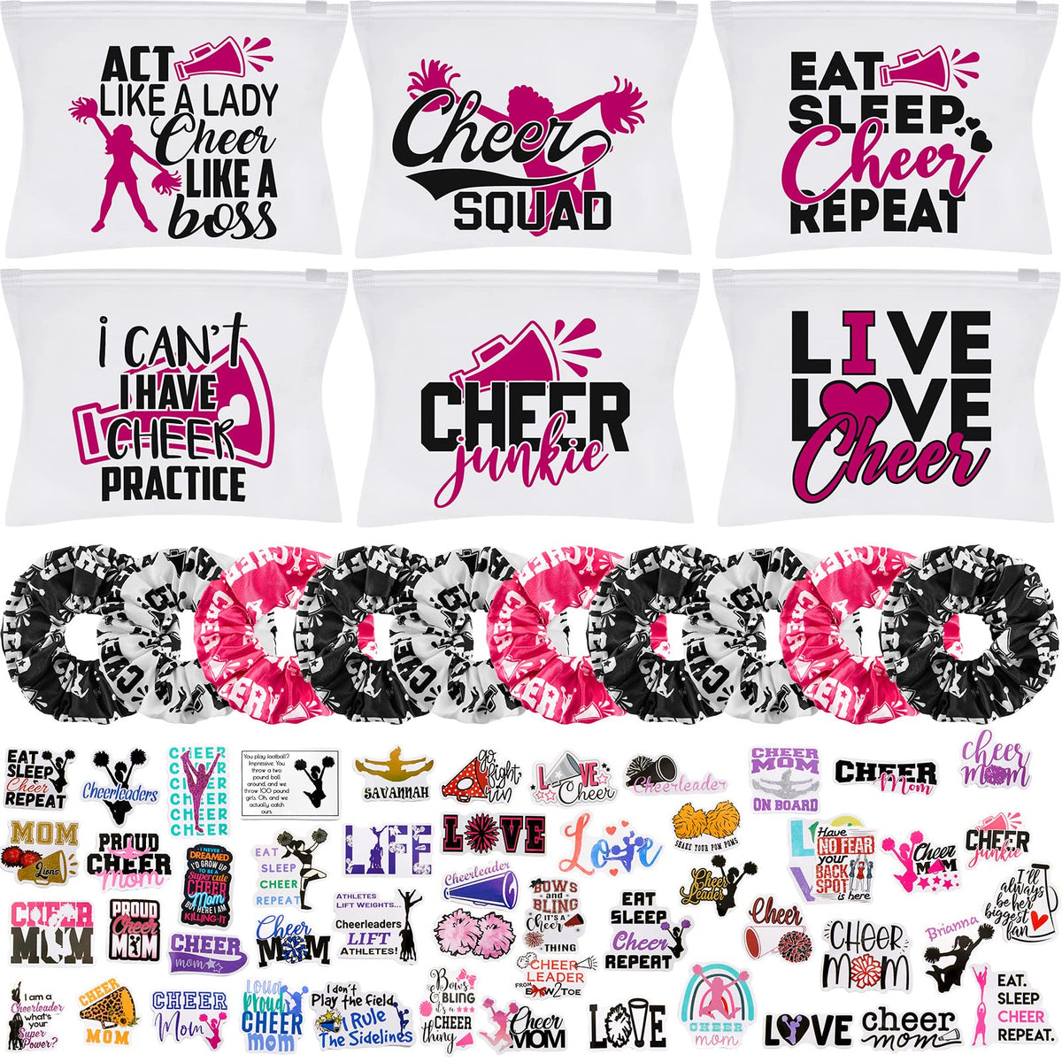 Amylove Cheerleader Gift Set - 65 Pcs Makeup Bag, Hair Ties, Stickers & Water Bottles