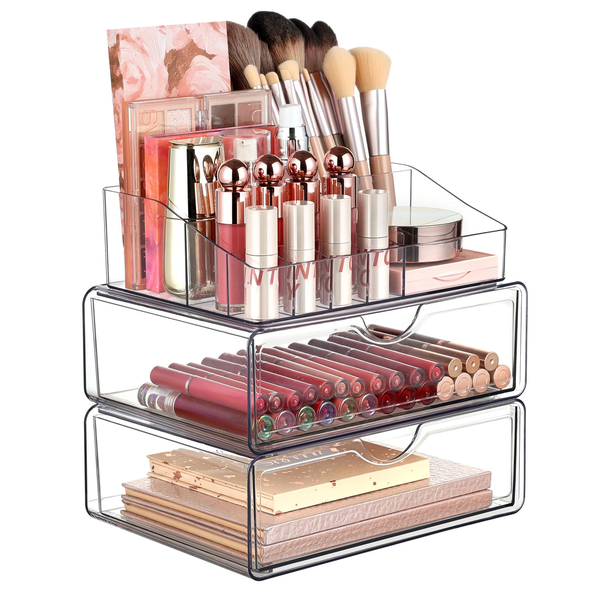 Vtopmart 3 Tier Clear Makeup Organizer With Drawer - Transparent Cosmetic Storage For Vanity