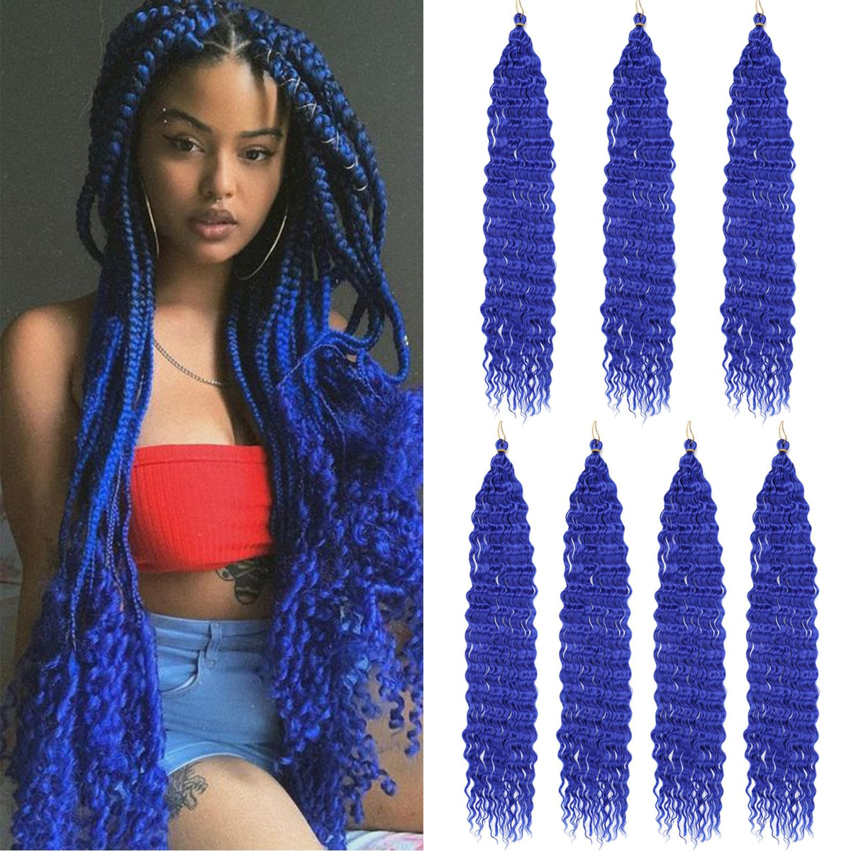 Zrq 24&quot; Blue Ocean Wave Crochet Hair - 7 Packs Soft Deep Twist Water Wave Extensions