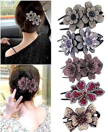 Ljc-20 Double Flower Rhinestone Hair Clips - Luxury Crystal Barrettes For Women, Multicolor