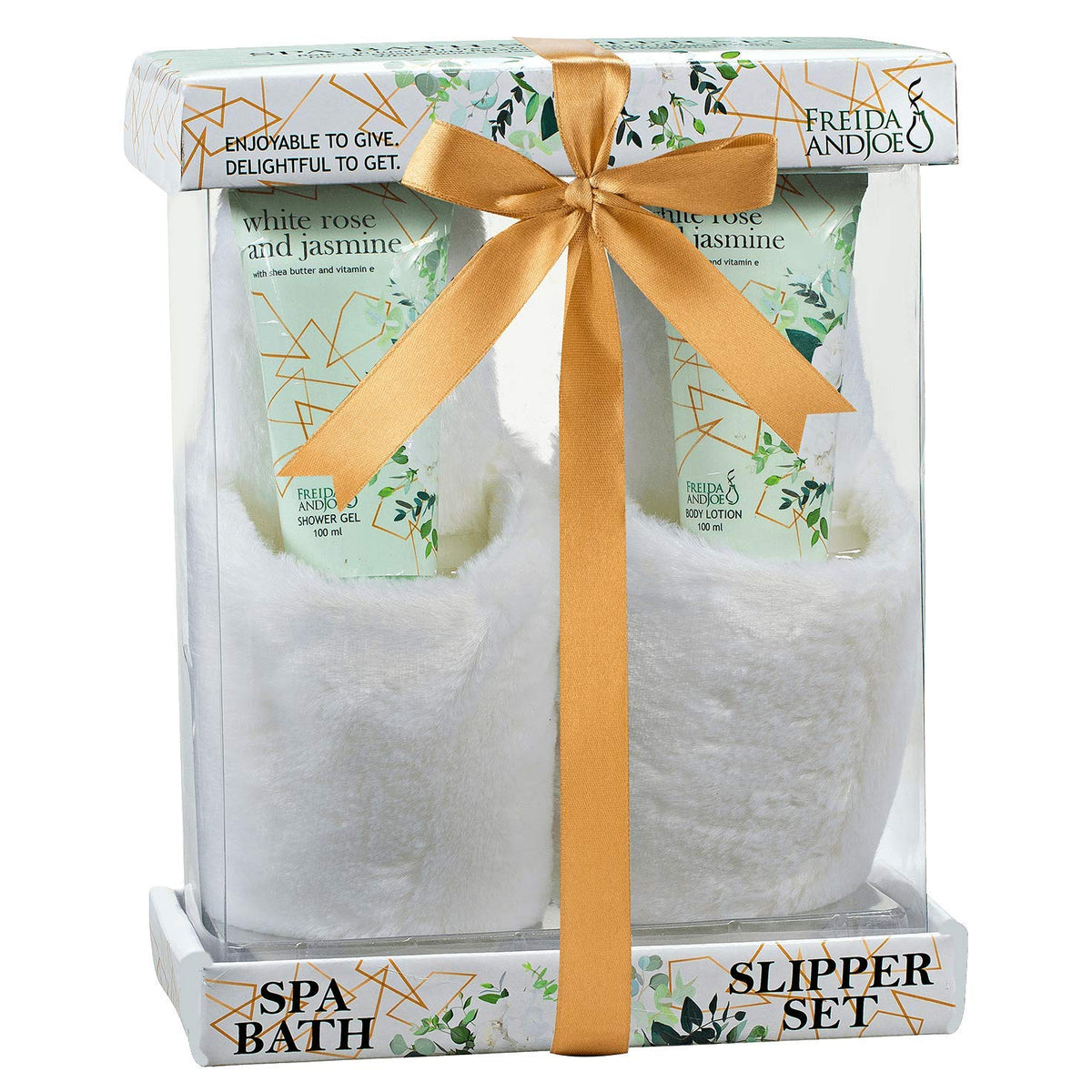 Freida And Joe Home Spa Slippers Set - White Rose Jasmine Gift Basket With Lotion & Shower Gel