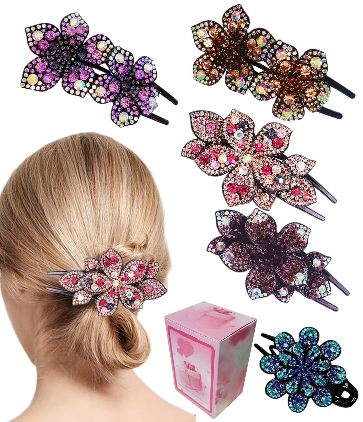 Ljc-20 5 Pcs Double Flower Rhinestone Hair Clips - Crystal Luxury Hair Accessories For Women