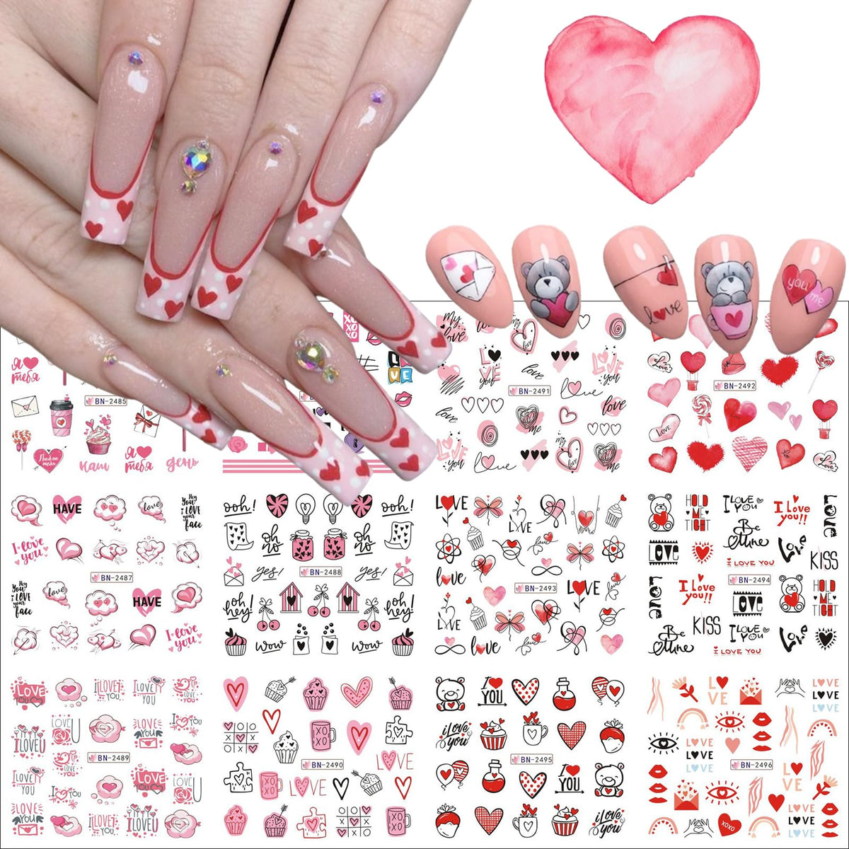 Kehkfsef Valentine'S Day Nail Art Stickers - Pink & Red Heart Water Transfer Decals For Women