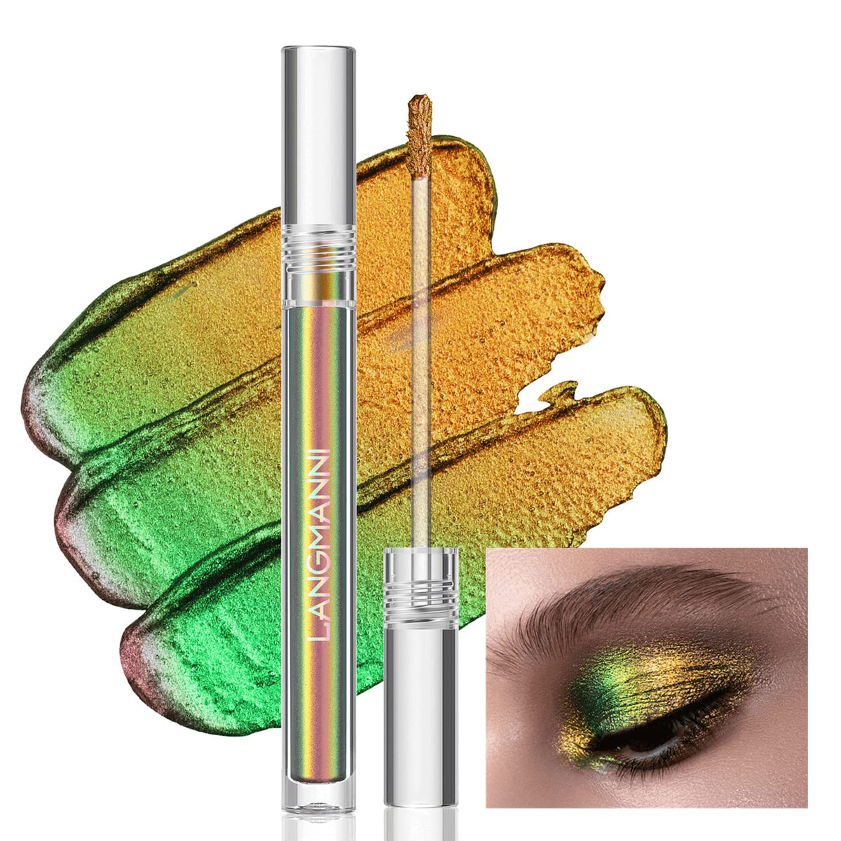 Biokusy Multichrome Liquid Eyeshadow - Chameleon Metallic Green Gold, Waterproof Glitter, 0.1 Fl Oz