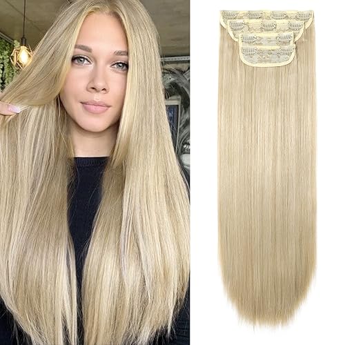 REECHO 24&quot; Straight Clip-In Hair Extensions, Medium Blonde with Highlights, 280g, 4 PCS Set