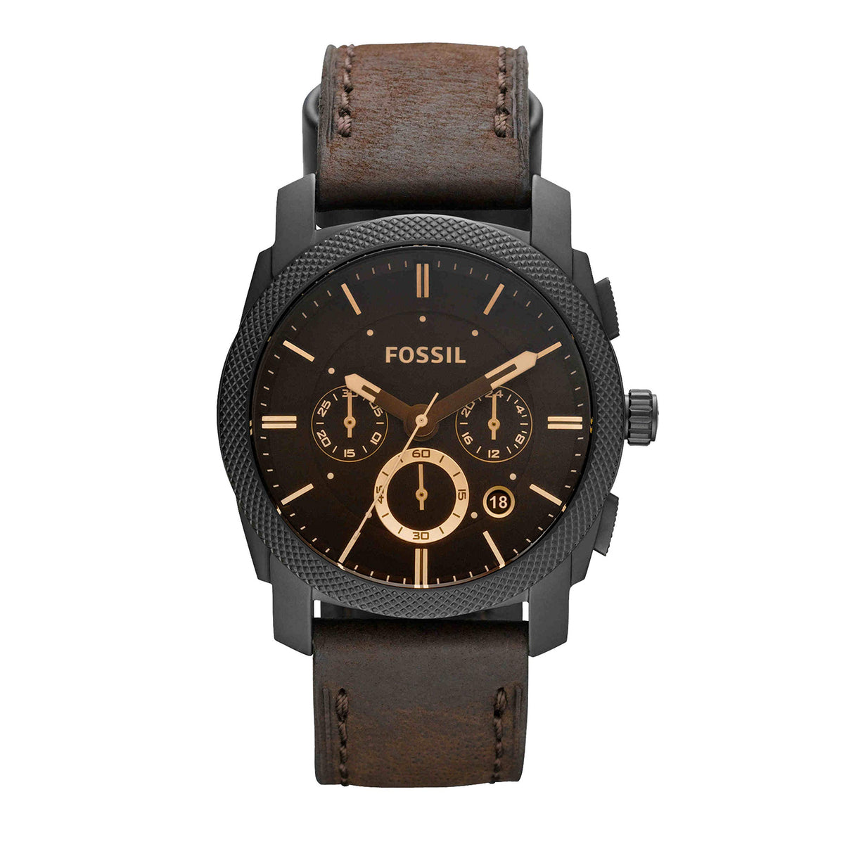 Fossil Men'S Machine Chronograph Watch, Black Stainless Steel & Dark Brown Leather, Fs4656