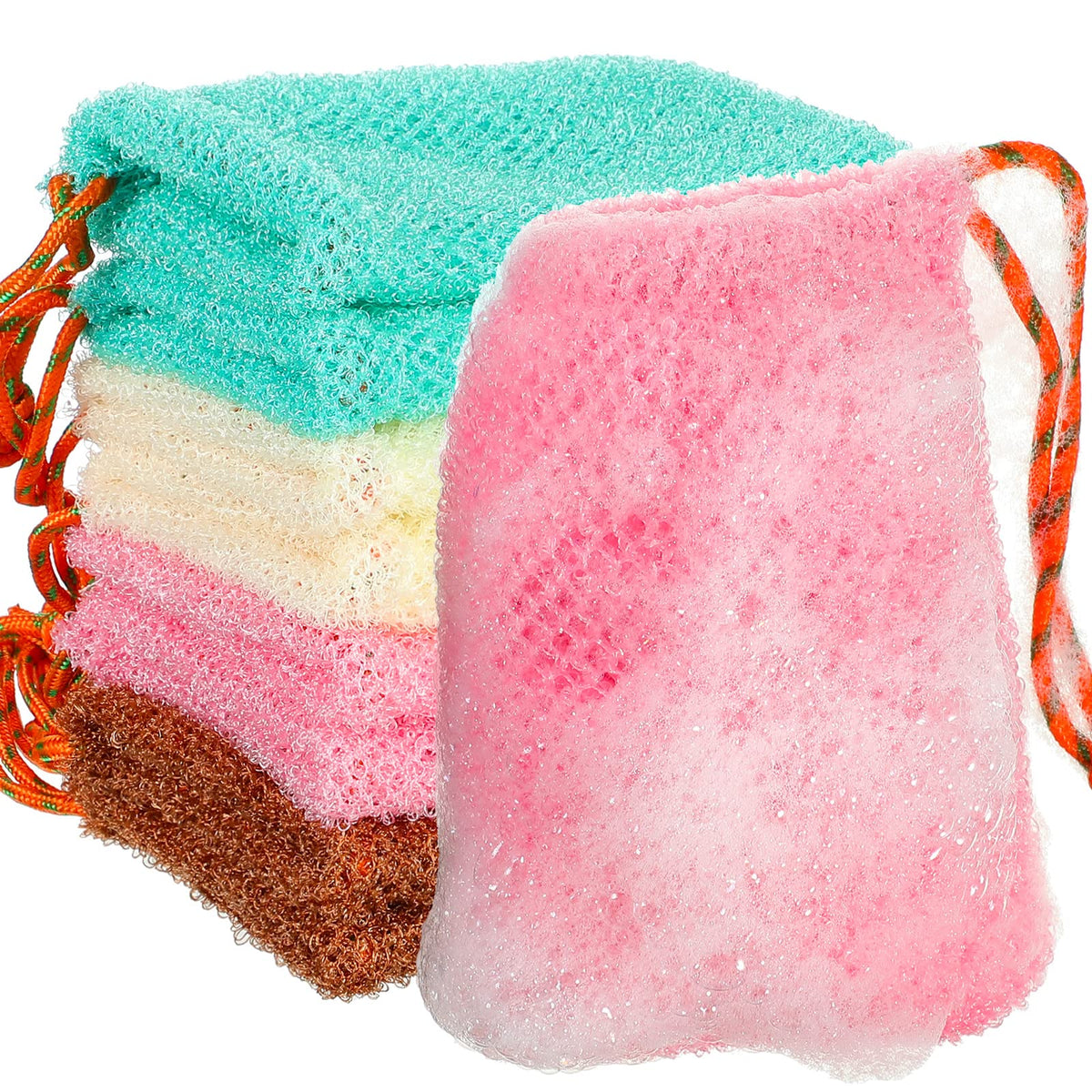 Shappy 8-Pack Mesh Soap Pouch - Exfoliating Loofah Bags For Shower, Lake Green, Pink, Beige, Brown