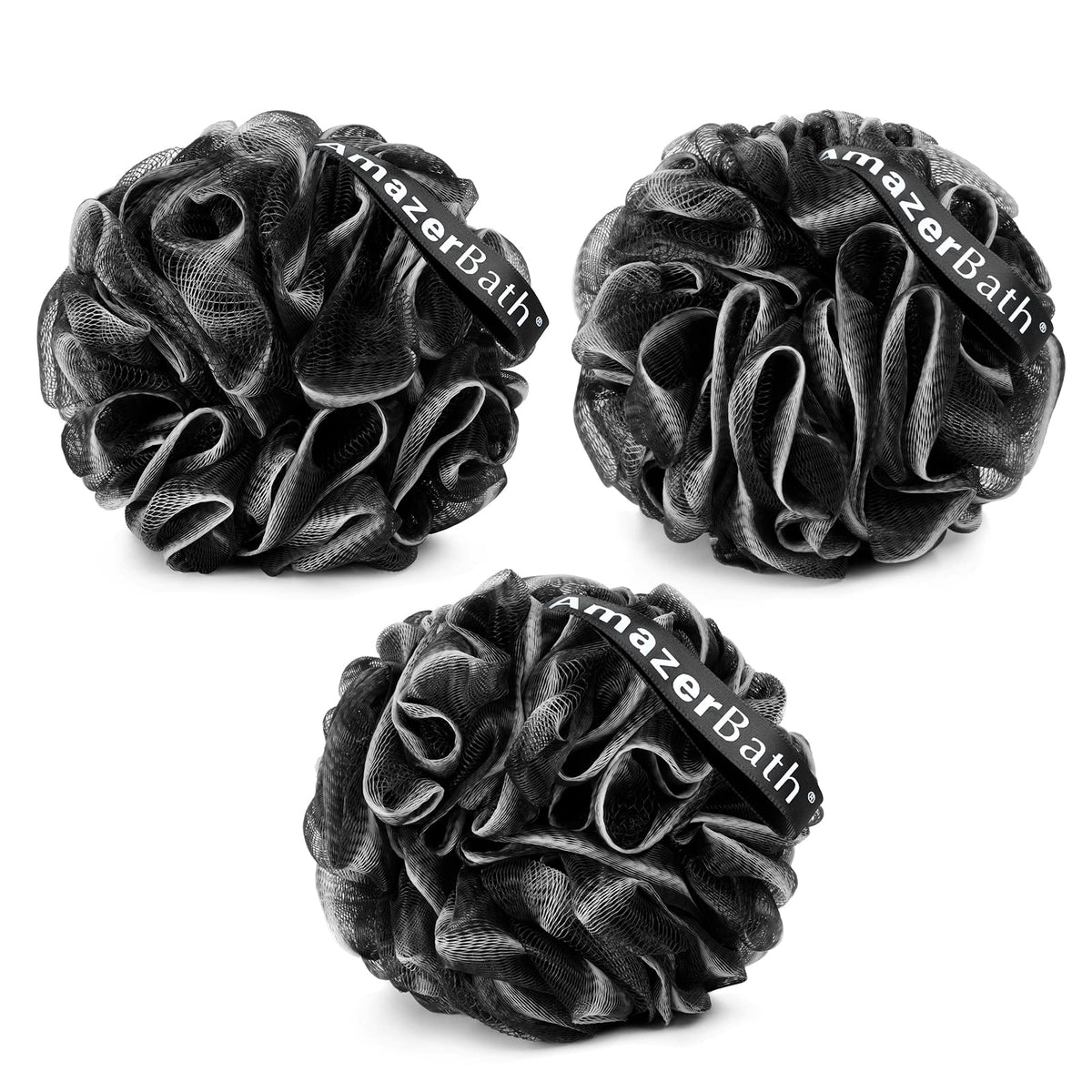 Amazerbath Loofah Sponge Set Of 3 - Black & White Edge Body Scrubber For Men And Women