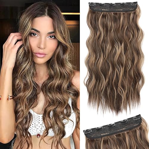 REECHO 20&quot; Clip in Hair Extensions - Chocolate Brown with Blonde Highlights, Wavy Synthetic Hair