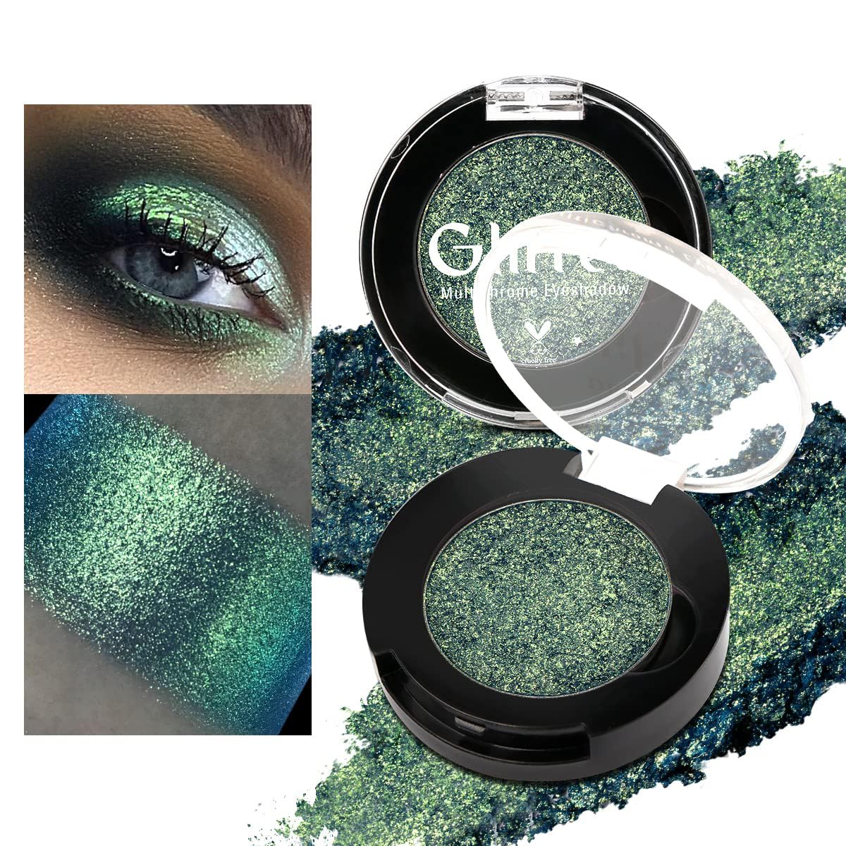 Beuself Glitter Multichrome Eyeshadow Palette - Emerald Green & Gold Duochrome, Vegan, 0.35 Oz