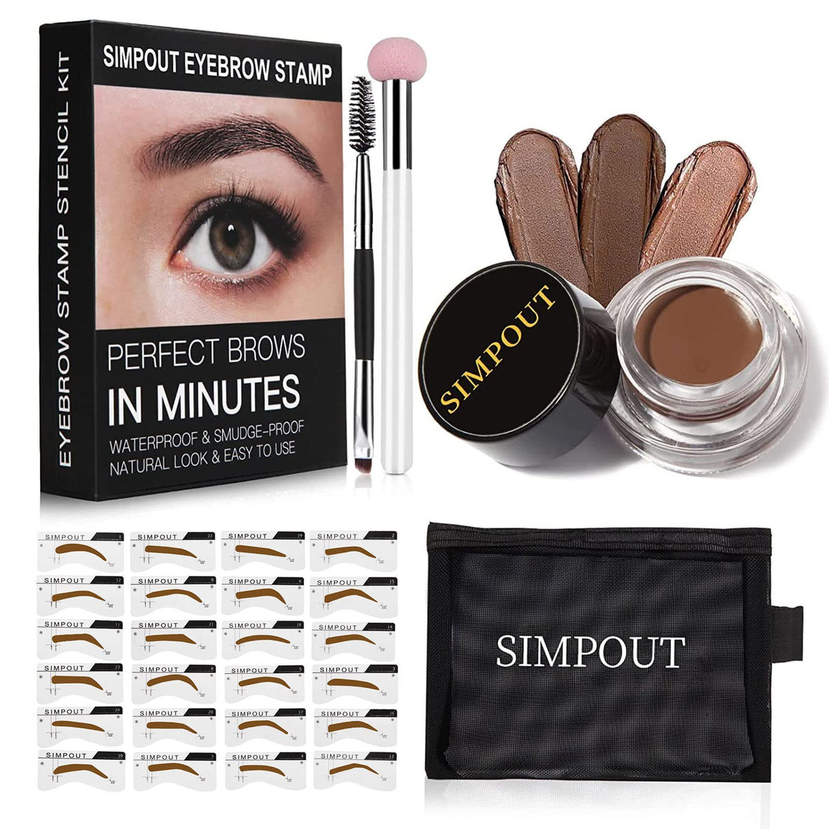 Simpout Eyebrow Stamp Kit - Waterproof Trio With 29 Stencils & Sponge Applicator, E01 Soft Auburn