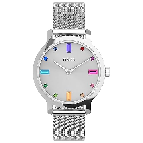 Timex Women'S Transcend 31Mm Silver-Tone Watch With Multicolored Stones & Mesh Bracelet