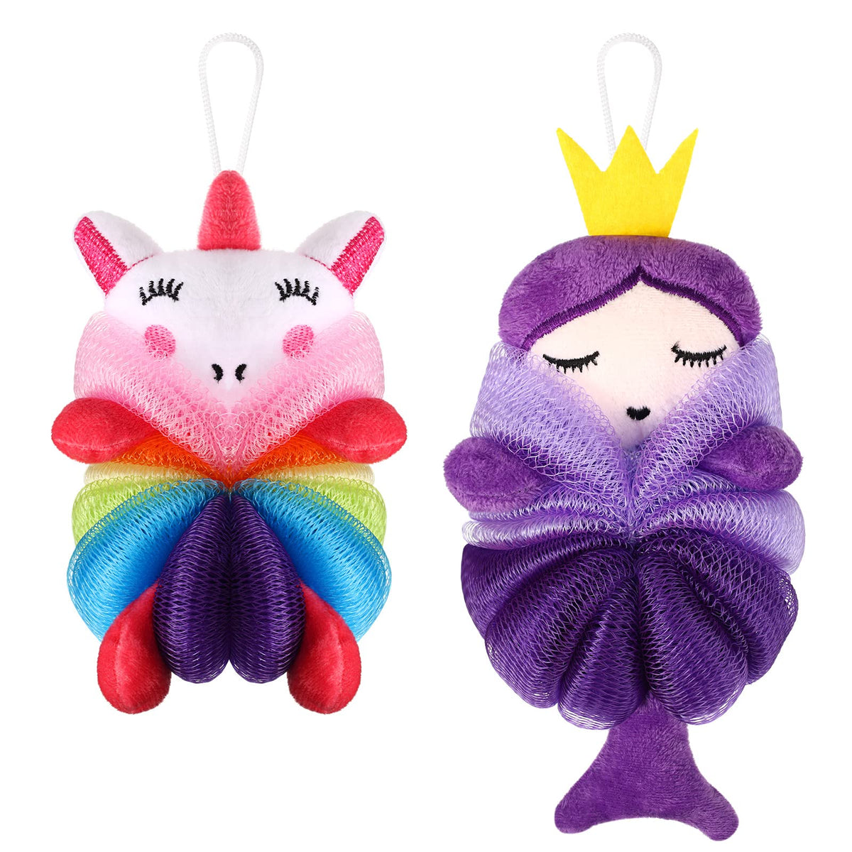 Nuenen 2 Pcs Kids Bath Loofahs - Cute Unicorn & Princess Exfoliating Body Scrubber Sponges