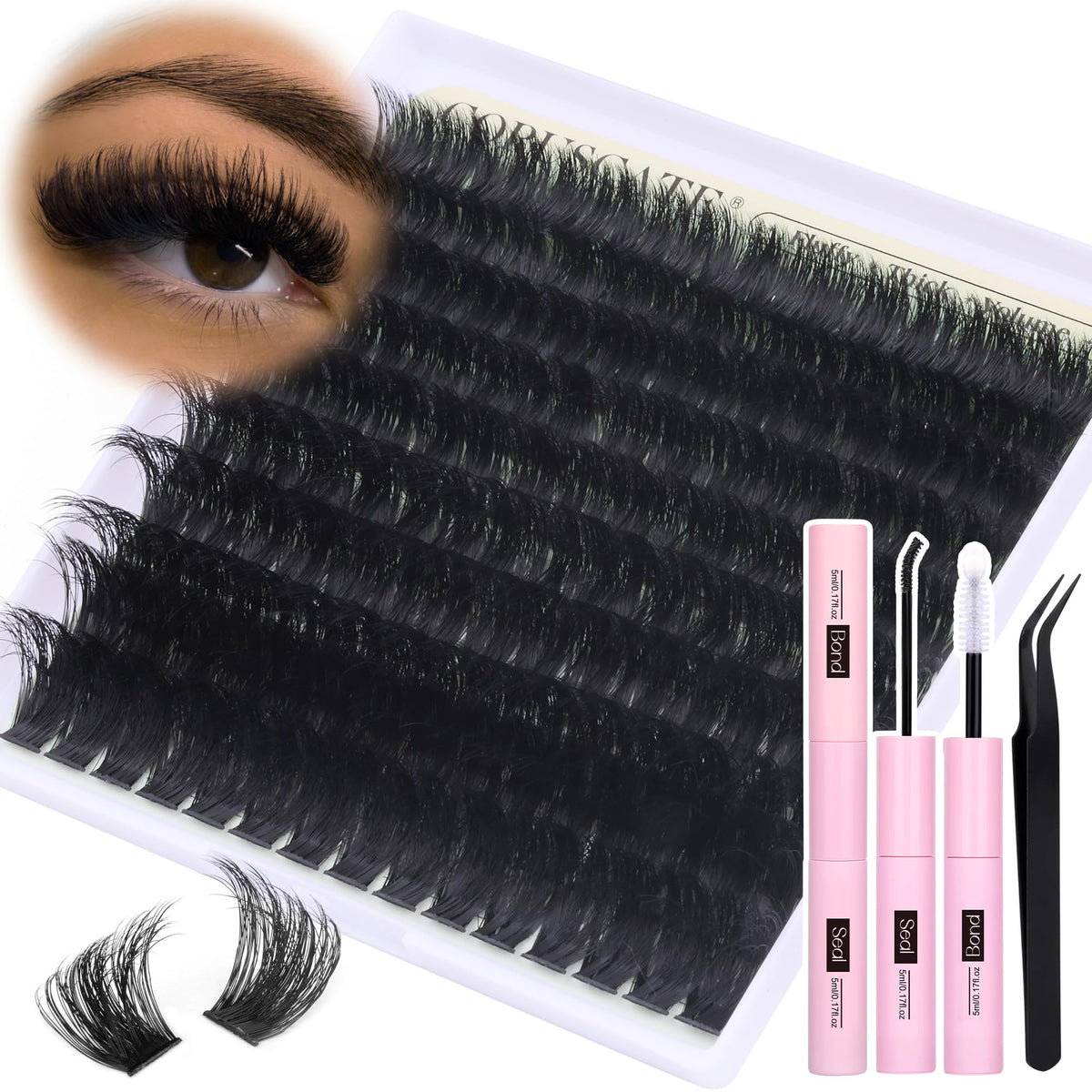 Coruscate Fluffy Lash Clusters Kit - 14-20Mm Dramatic Mink Eyelash Extensions With Bond & Tweez