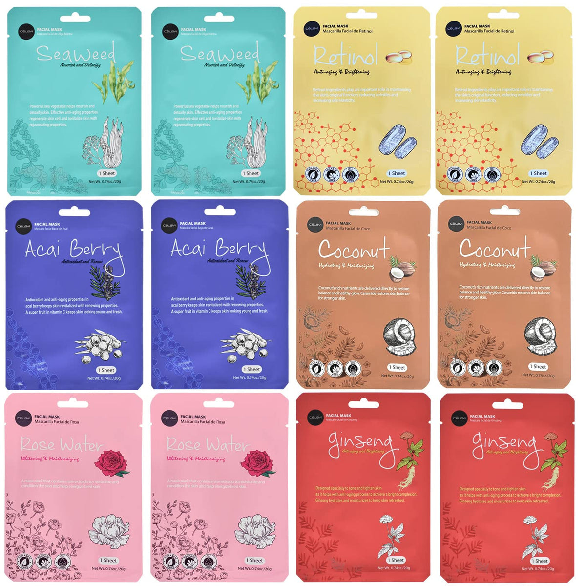 Celavi Essence Facial Face Mask Set - K-Beauty Moisturizing Skincare (12 Count)