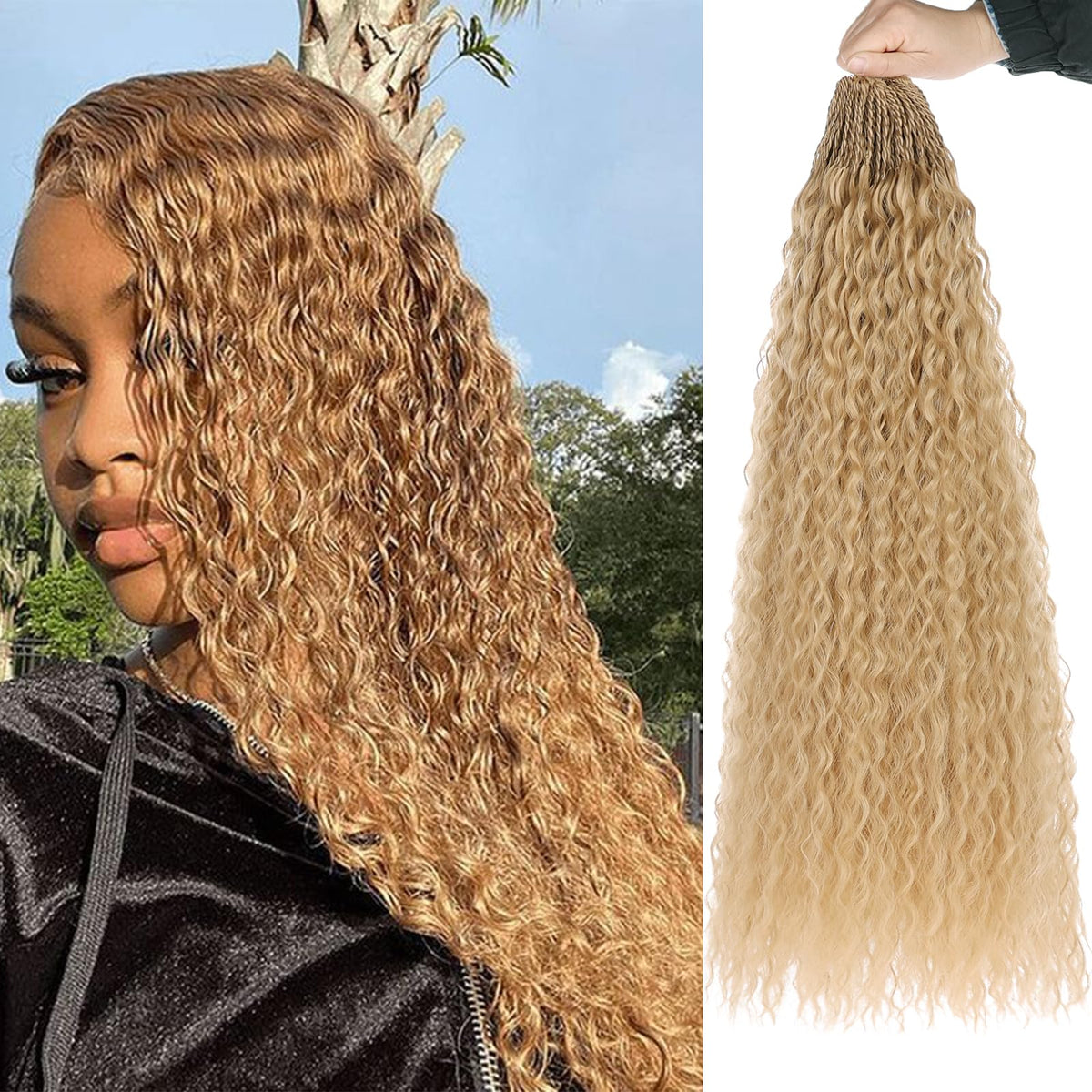 Zrq 24&quot; Pre Looped Micro Brazilian Braids Curly Crochet Hair - Water Wave Blonde Extensions