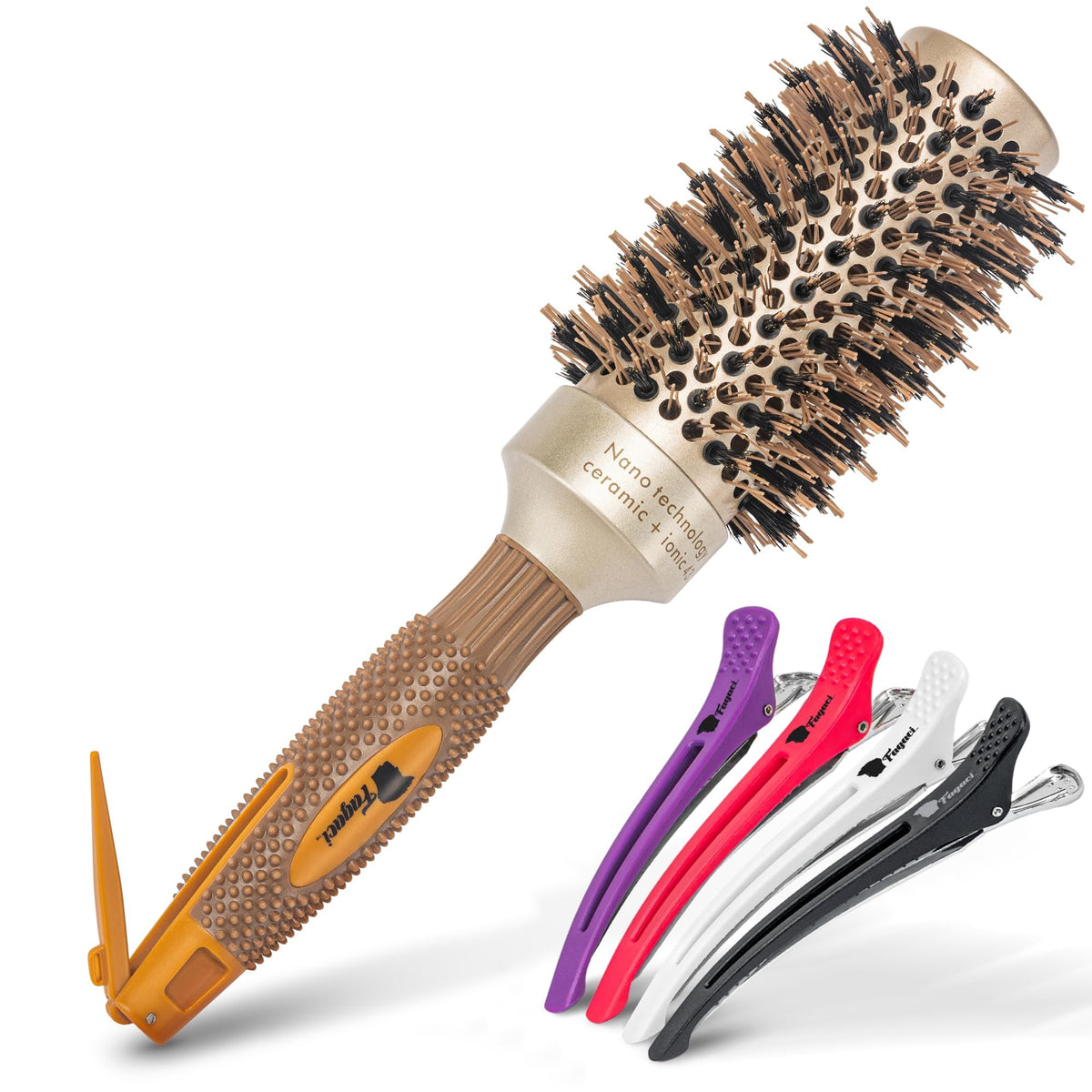 Fagaci Professional Round Brush - Natural Boar Bristle, Ceramic Gold, 5 Piece Set for Healthy Hair