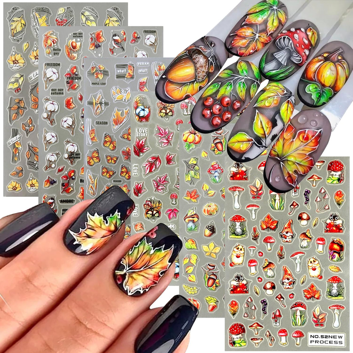 Vezocim 3D Maple Leaf Nail Art Stickers - Fall Designs For Thanksgiving Manicure Decorations