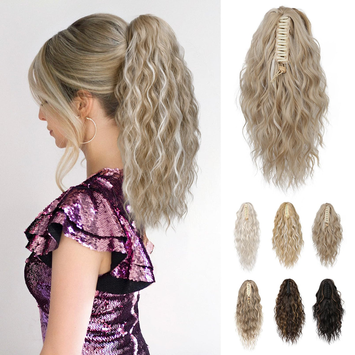 REECHO 14&quot; Claw Clip Ponytail Extension, Light Blonde Soft Wavy Synthetic Hairpiece for Women