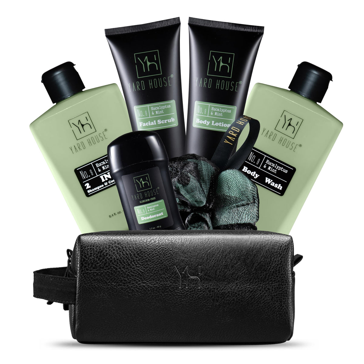 Yard House Men'S Luxury Bath Set - Eucalyptus Mint Skin Care Kit In Leather Toiletry Bag