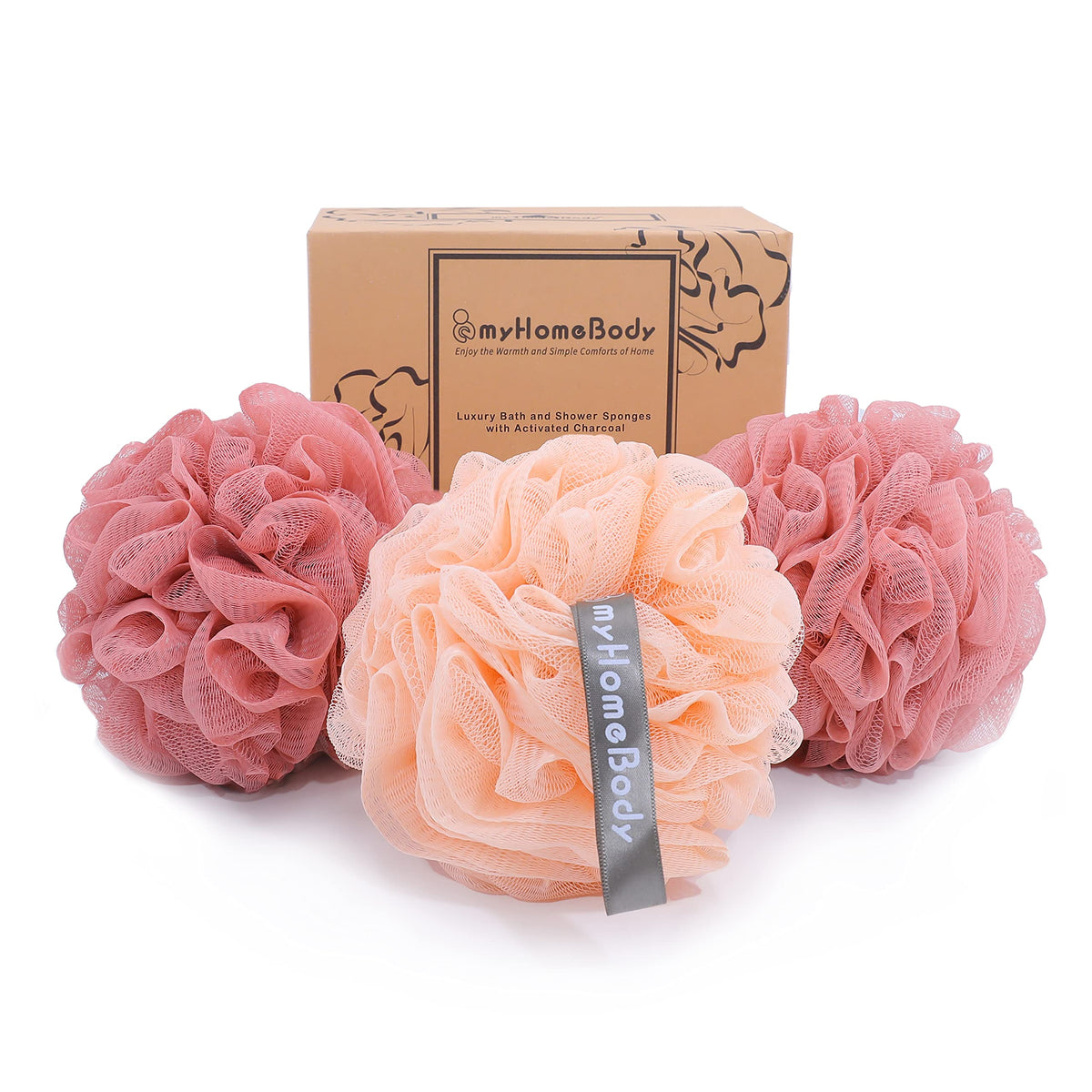 Myhomebody Exfoliating Loofah Sponge Set - 3 Pack With Activated Charcoal, Coral Red & Peach