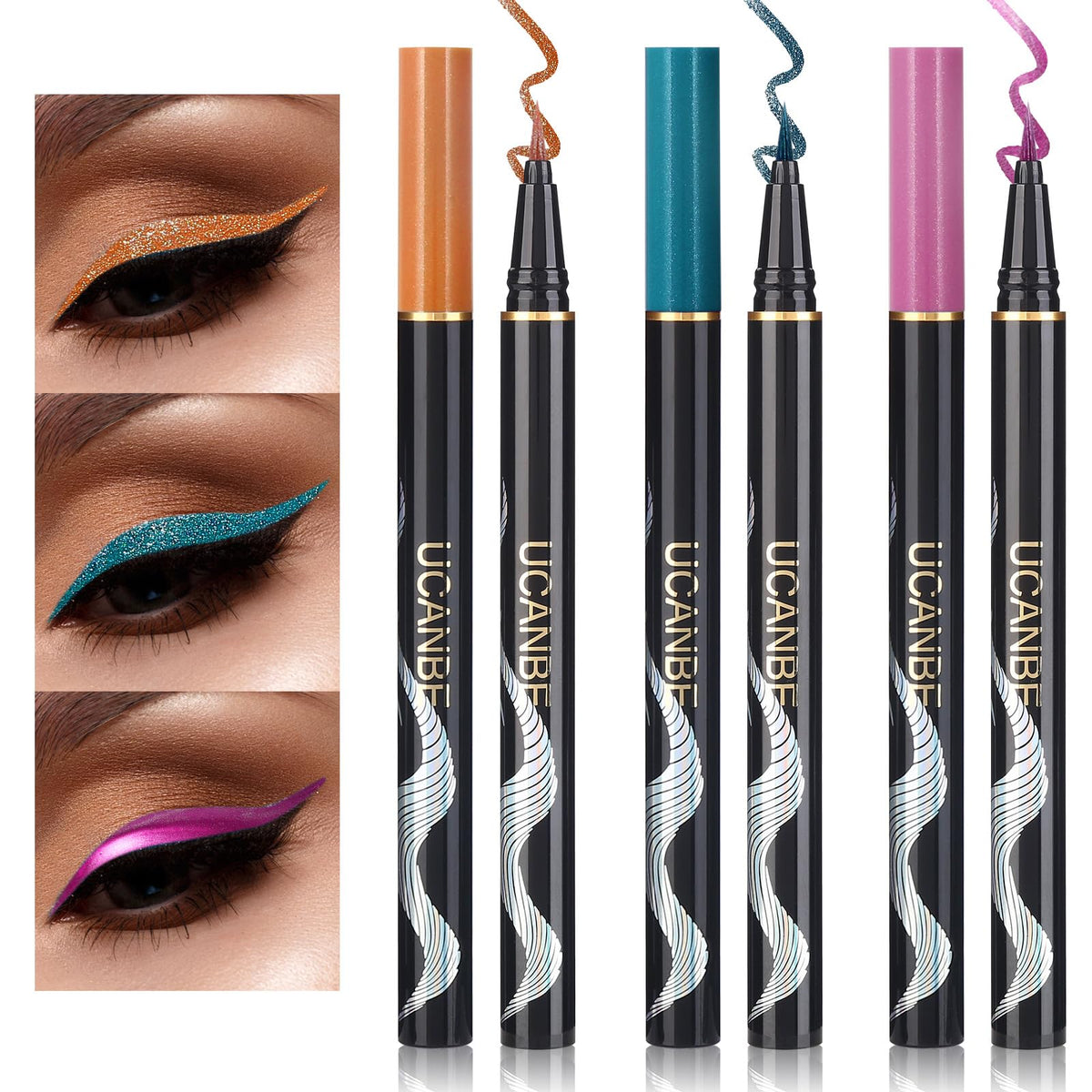 Ucanbe Metallic Waterproof Liquid Eyeliner Set - Chrome Green, Purple & Gold Orange, Smudgeproof