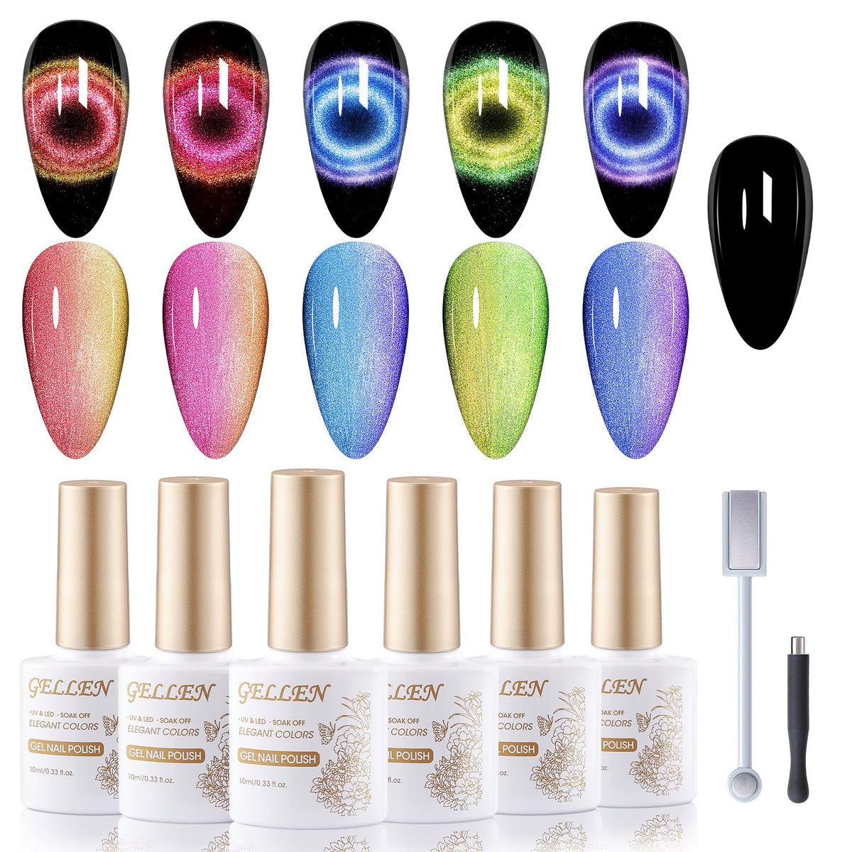 Gellen 9D Cat Eye Gel Nail Polish Set, 6 Colors, Magnetic Galaxy Effect, Winter Gifts For Women