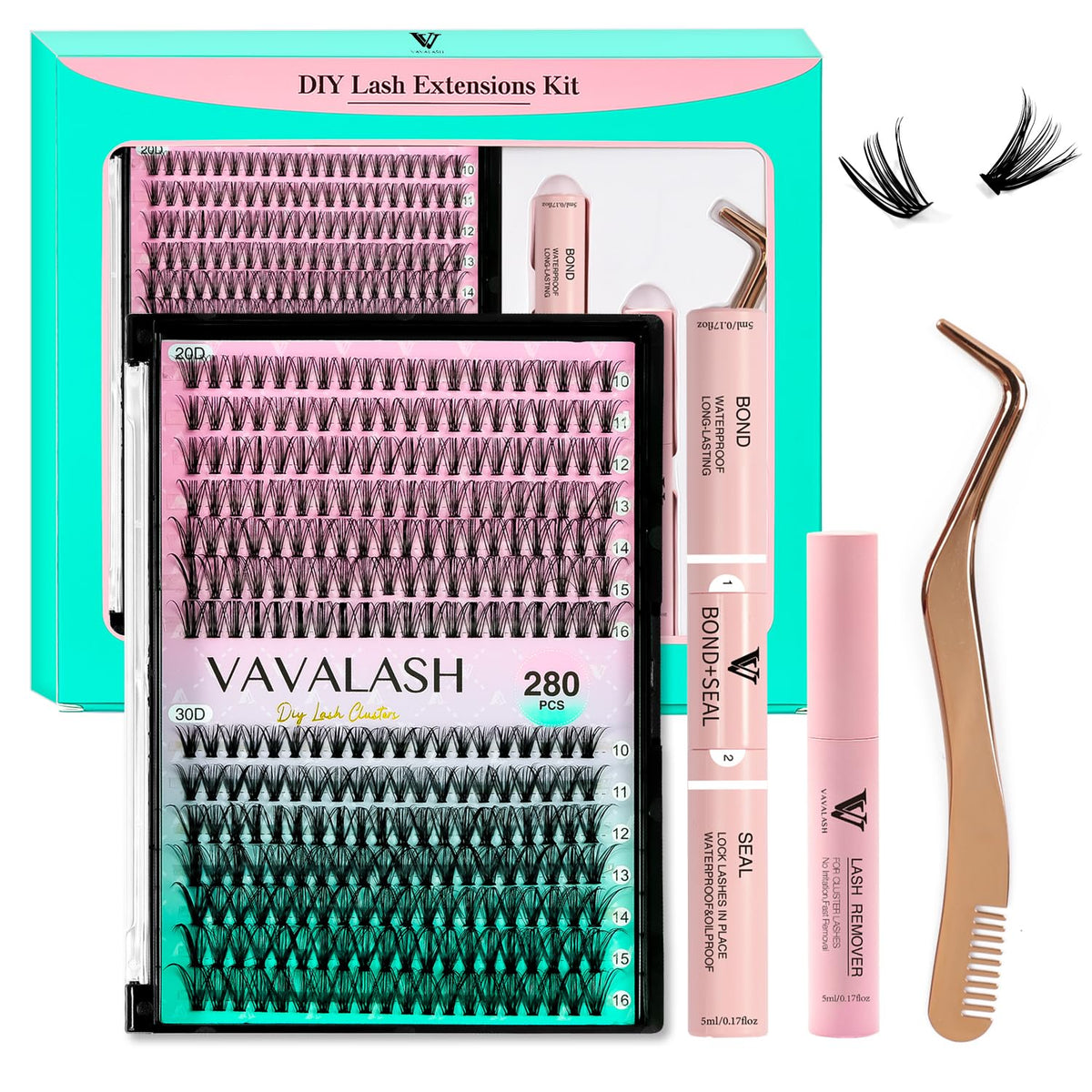 VAVALASH DIY Lash Extension Kit - 280 PCS Silk Lashes 10-16mm with Bond, Seal & Applicator