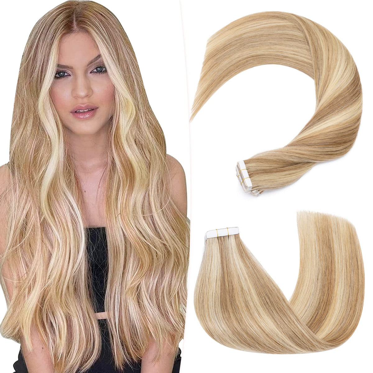 Hairro 14&quot; Tape In Human Hair Extensions - Double Sided Strong Adhesive, Golden Brown & Bleach Blonde