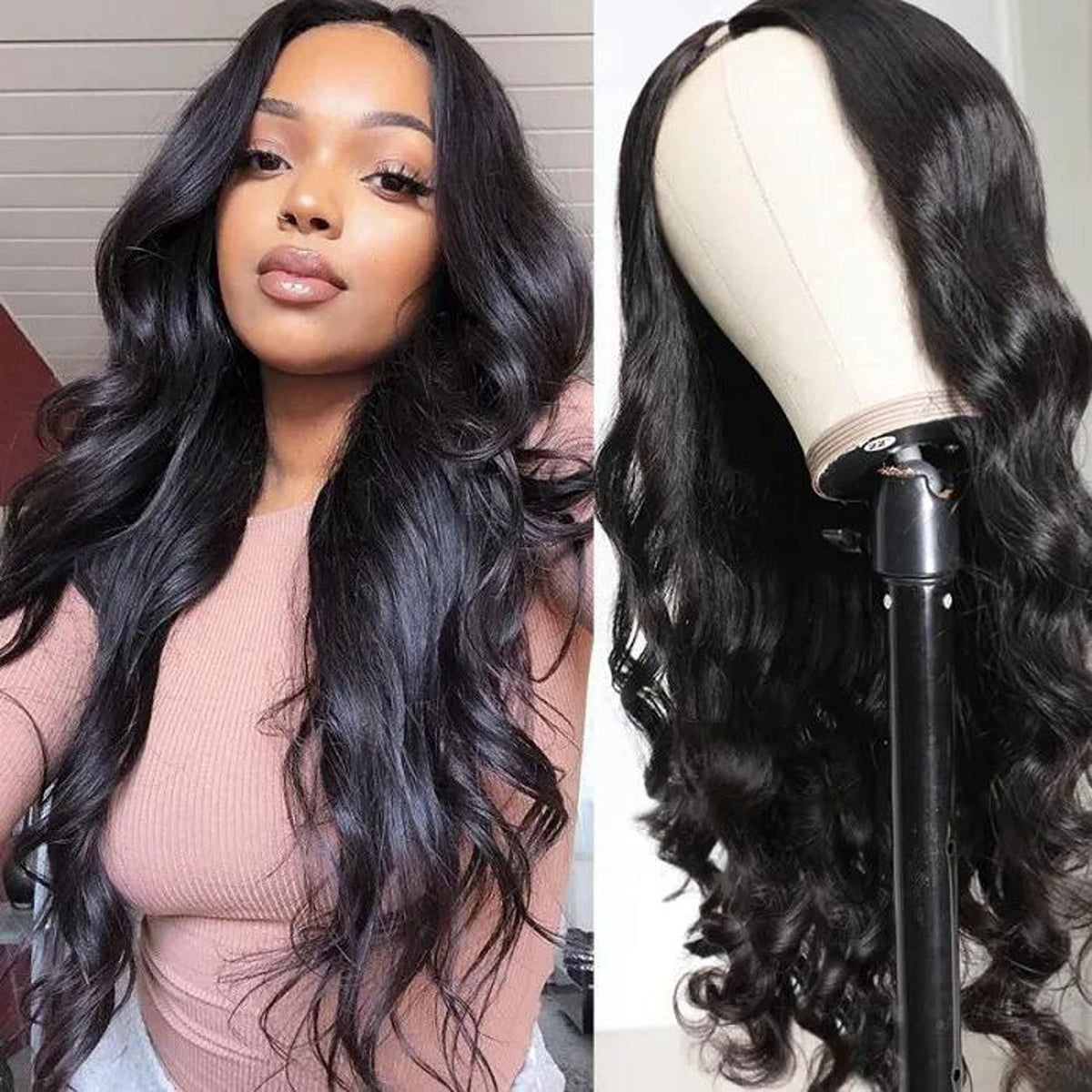 UNICE Body Wave U Part Wig 14 Inch Human Hair Glueless 150% Density Black for Women