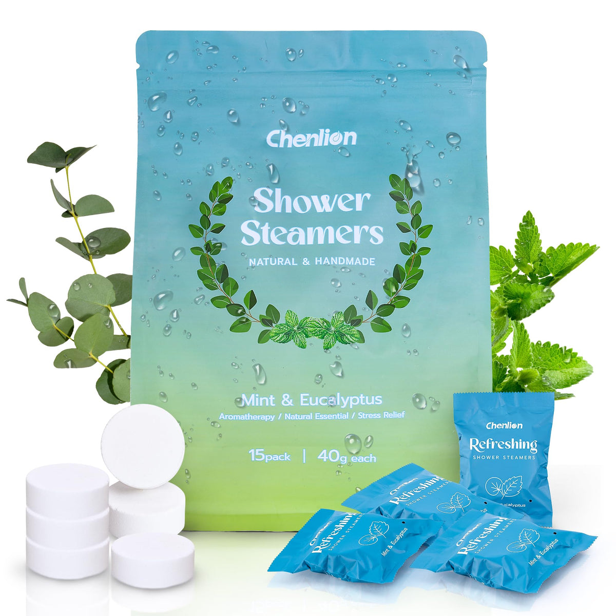 Chenlion Shower Steamers Aromatherapy 15 Pack - Eucalyptus & Mint, Stress Relief, Holiday Gift