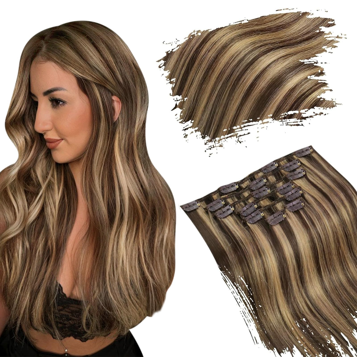 Ugeat 20&quot; Clip-in Human Hair Extensions, Chocolate Brown with Caramel Highlights, 120g Remy Hair