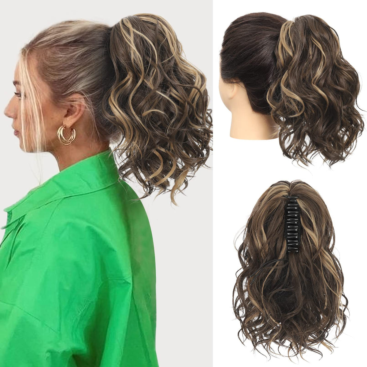 Seikea 10&quot; Wavy Curly Ponytail Extension - Light Brown/Mid Blonde Highlights, Synthetic Hairpiece