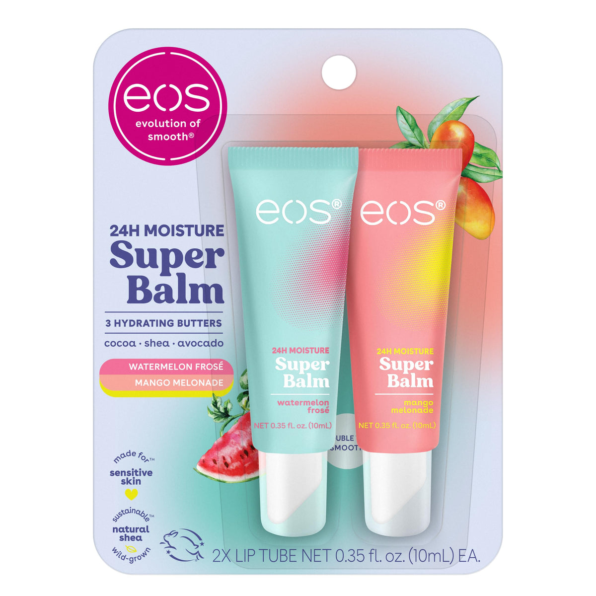 Eos 24H Moisture Super Balm 2-Pack - Watermelon Frosé & Mango Melonade Lip Mask For Sensitive Skin