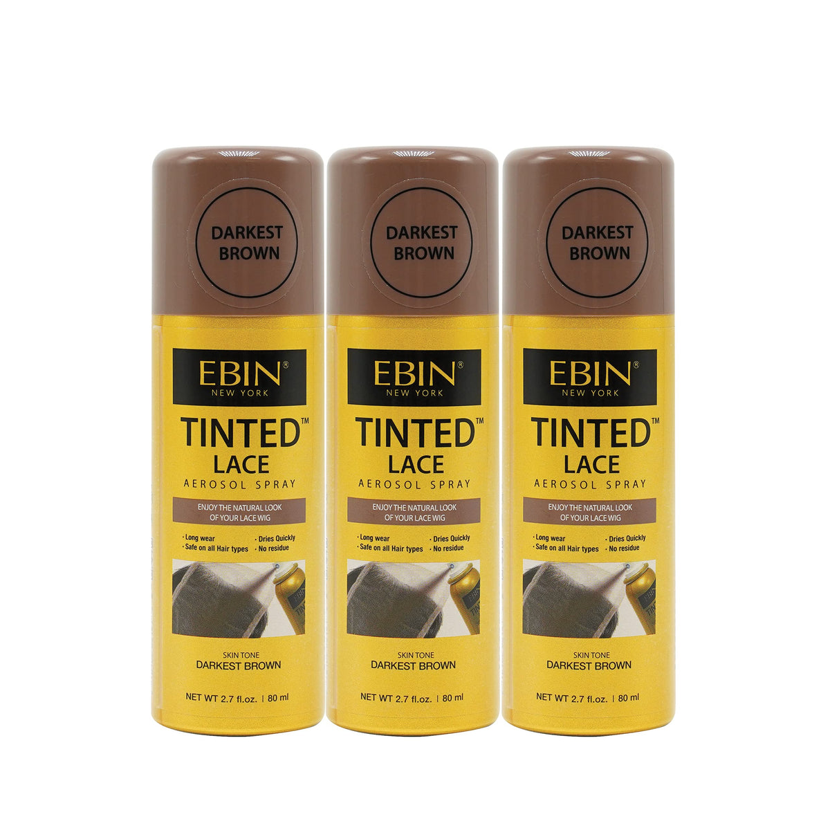 EBIN NEW YORK Tinted Lace Aerosol Spray 3pack - Darkest Brown, Quick Dry, Even Application