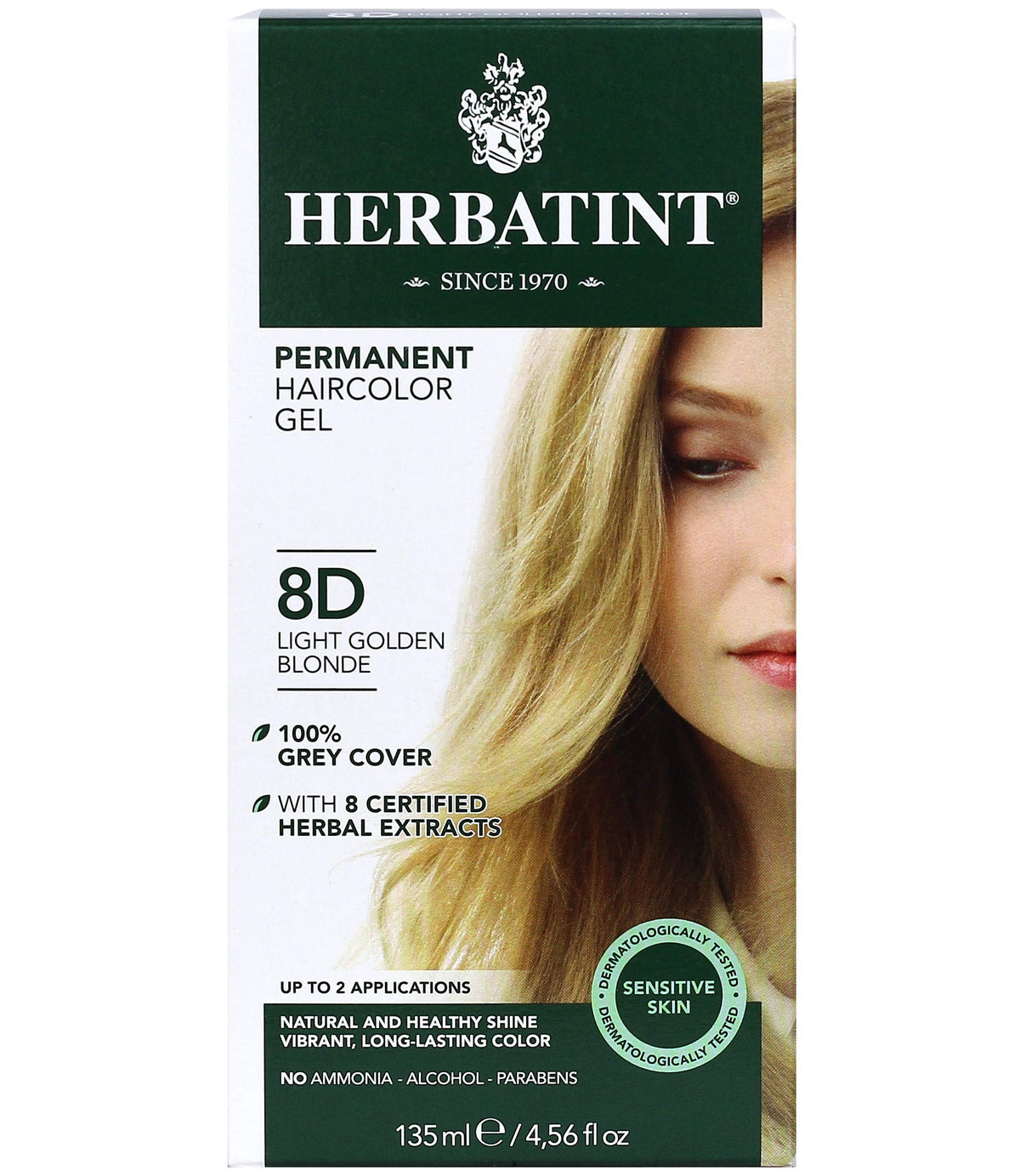 Herbatint 8D Light Golden Blonde Haircolor Gel - Vegan, Alcohol Free, 100% Grey Coverage, 4.56