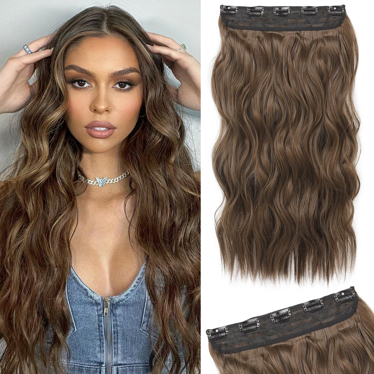 REECHO 20&quot; Clip in Hair Extensions, Ginger Brown Wavy Synthetic Hair for Women, Thick & Soft