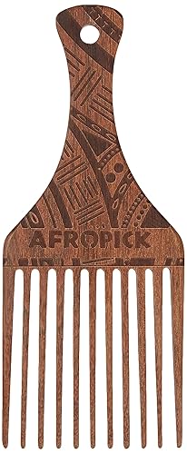 Afropick Wood Hair Pick For Curly, Thick, Afro Hair - Engraved Brown, 1 Count