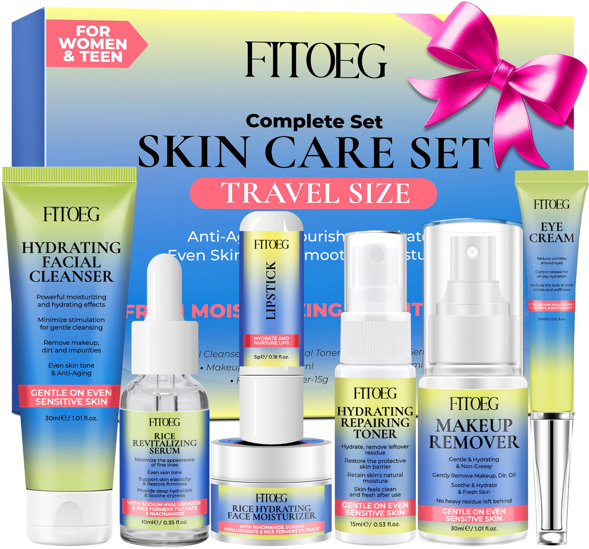 Fitoeg Travel Essentials Skin Care Set For Teens & Women - 7Pcs Hydrated Facial Kit