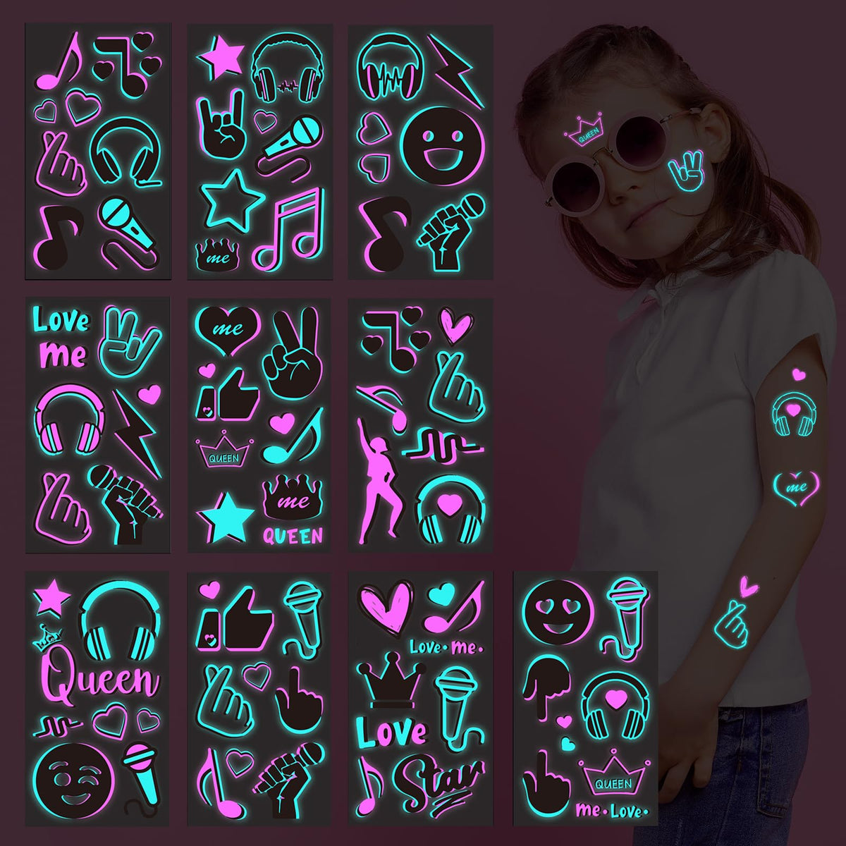 Konsait Glow In The Dark Temporary Tattoos - 10 Neon Music Party Stickers For Kids & Adults