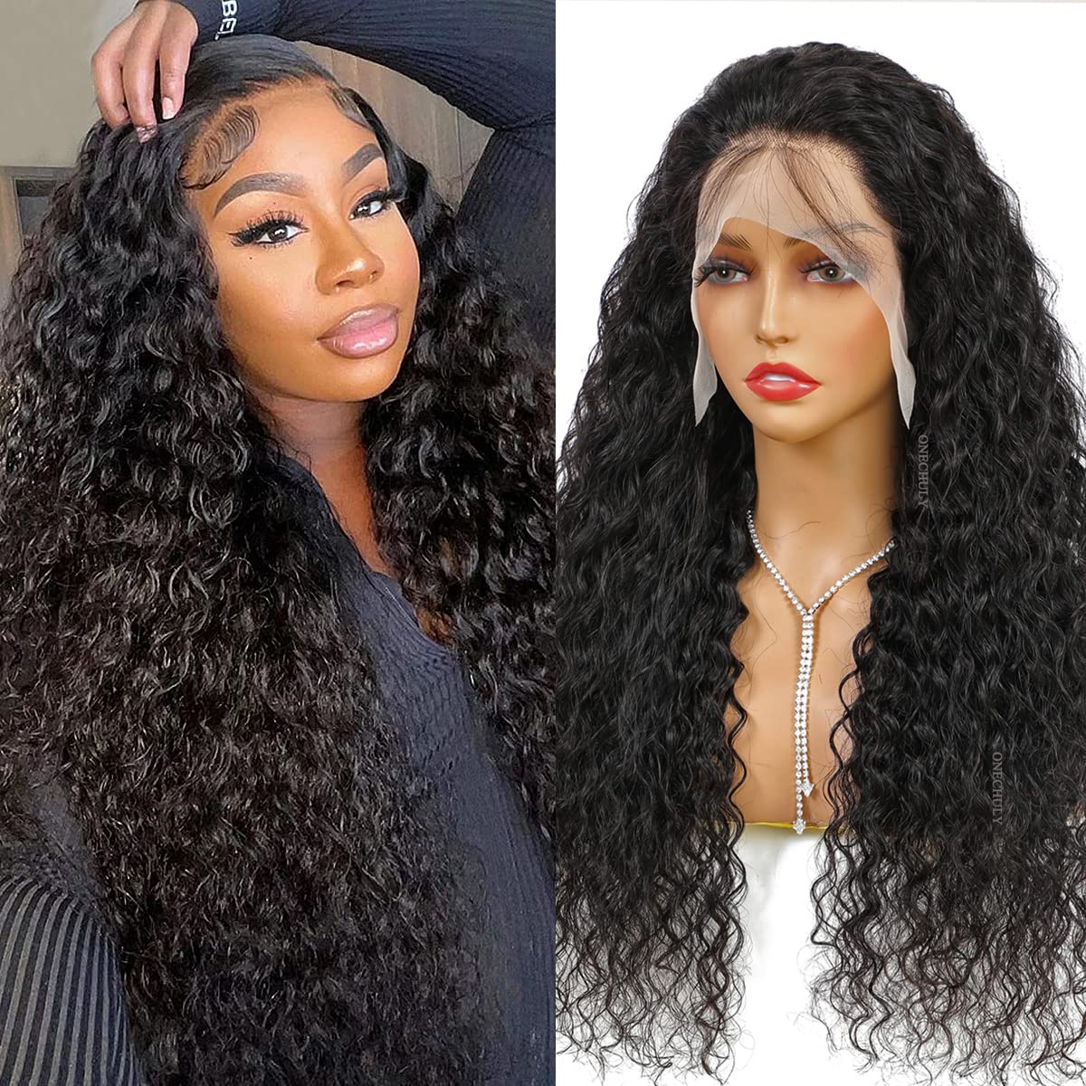 Onechuly 22&quot; Water Wave Lace Front Wig, 180% Density, Pre Plucked, Human Hair, Natural Color