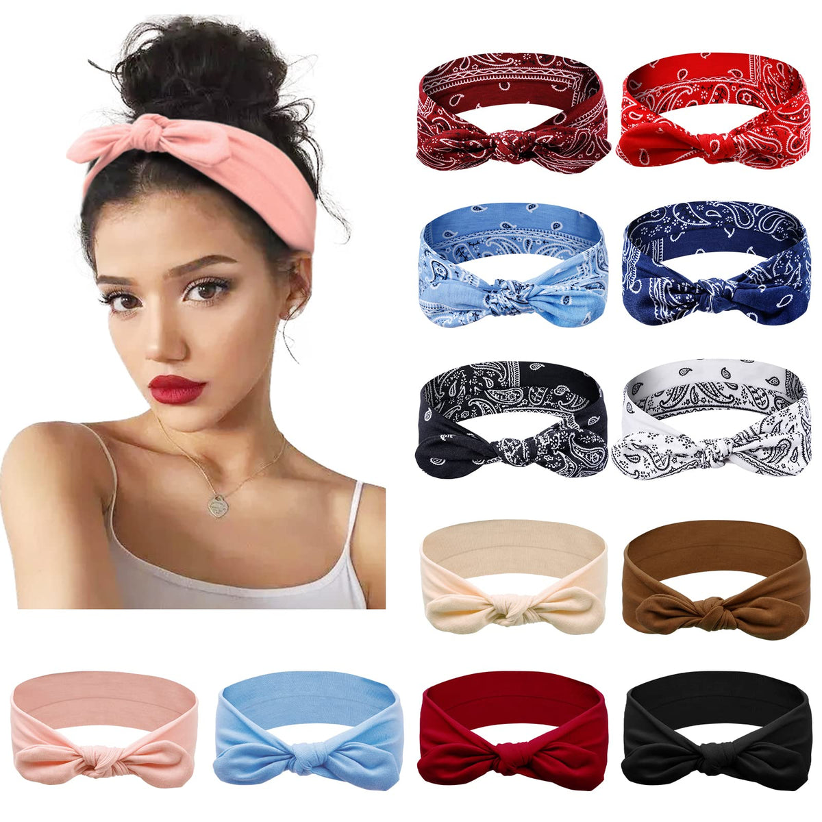 Huachi 12 Pack Bow Headbands For Women - Elastic Rabbit Ears Turban Hair Accessories