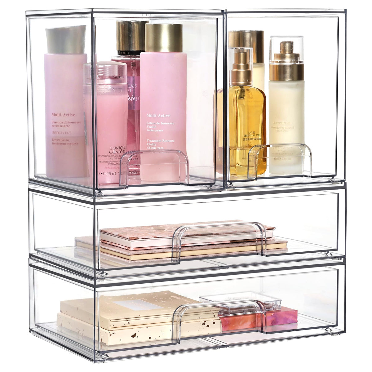 Vtopmart Stackable Storage Drawers Set Of 4 - Clear Plastic Organizer Bins For Makeup & Beauty Supplies