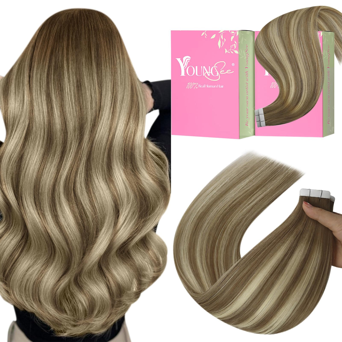 Youngsee 20&quot; Balayage Tape-In Hair Extensions, Real Human Hair, Light Brown Ombre, 50G